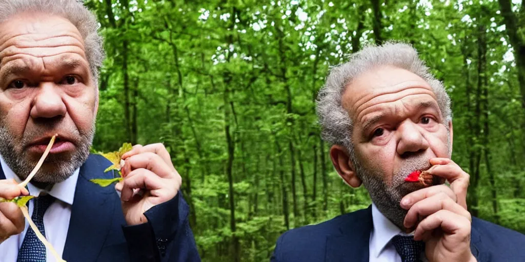 Prompt: alan sugar eating leaves in a forest. eating leaves