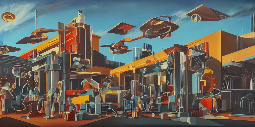 Prompt: art deco style robot factory building flying cars, oil paint on canvas retro future 8k