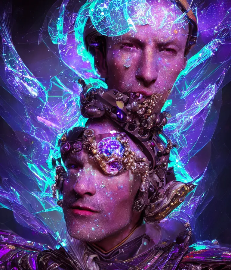 Image similar to impressive spectacular front!! shot photo of a court jester character fine portrait fine portrait mesmerizing fractal hyper cubes platinum cracked dark future hyper dimensional space galactic crystal nebula edges elegant detailed intricate concept artstation sharp focus ray tracing cinematic masterpiece temporal corruption beeple wlop germ 8 4 k scifi glossy hyper realistic illustration canon eos r 3 fujifilm x - t 3 0 sony alpha a 6 6 0 0