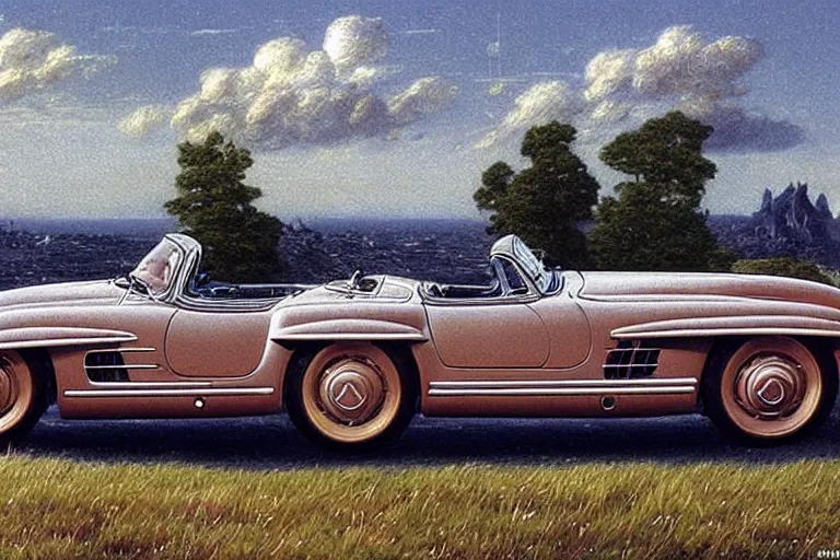 Prompt: intricate, 3 d, 1 9 5 5 mercedes ( ( ( 5 0 0 sl ) ) ), style by caspar david friedrich and wayne barlowe and ted nasmith.