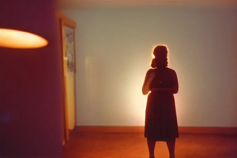 Image similar to backlit photograph of woman standing in front of object radiating esoteric energy in suburban living room, crisp focus, highly detailed, in george hardie style, 3 5 mm ektachrome