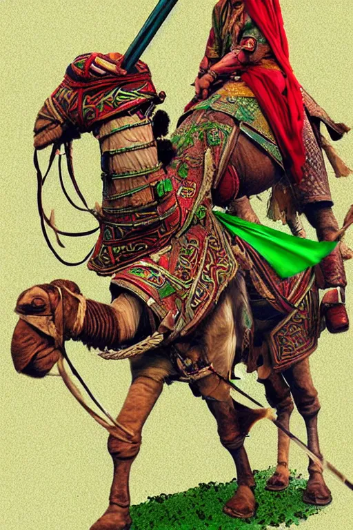 Image similar to a arabian warrior, ride camel he use green turf and flag, realistic, sketch and art by jacqueline e, colored by bo feng lin