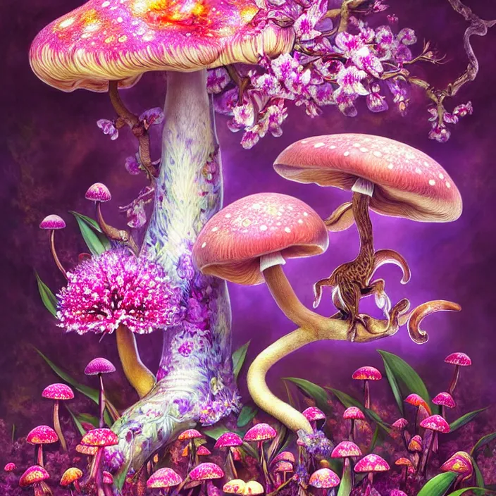 Image similar to extremely psychedelic animal made of orchid and cherry blossom tree and mushroom, LSD animal, diffuse lighting, fantasy, intricate, elegant, highly detailed, lifelike, photorealistic, digital painting, artstation, illustration, concept art, smooth, sharp focus, art by John Collier and Albert Aublet and Krenz Cushart and Artem Demura and Alphonse Mucha