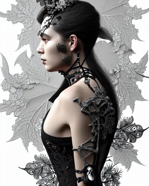 Image similar to monochrome profile portrait painting, silver lace floral steampunk biomechanical beautiful young female cyborg with techno eye, volumetric light, leaves foliage and stems, hibiscus flowers, sinuous fine roots, fine foliage lace, alexander mcqueen, rim light, big gothic fashion pearl embroidered collar, octane render, dutch masters, 8 k