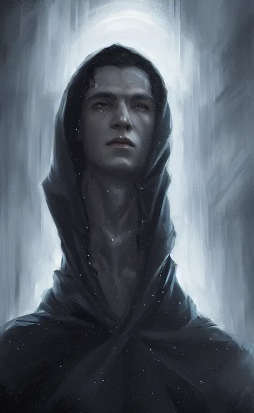 Image similar to Portrait of an elf in a black cloak, black hair, glowing eyes, male, detailed face, fantasy, highly detailed, cinematic lighting, digital art painting by greg rutkowski