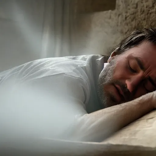 Image similar to close - up of a priest sleeping in a large clay pot, foggy, sun rays, cinematic shot, photo still from movie by denis villeneuve