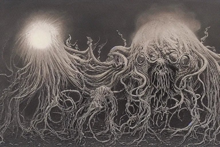 Image similar to Cthulhu burning Zdzislaw Beksinski, highly detailed