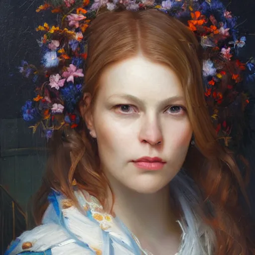 Image similar to portrait of a dutch woman ( 3 1 ) from the netherlands in 2 0 2 1, an oil painting by ross tran and thomas kincade