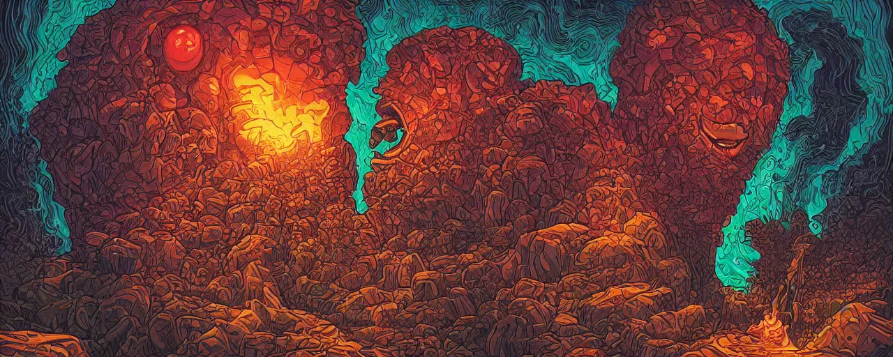 Image similar to portrait of head melting into another one, lava, laugh and surprise, by Dan Mumford