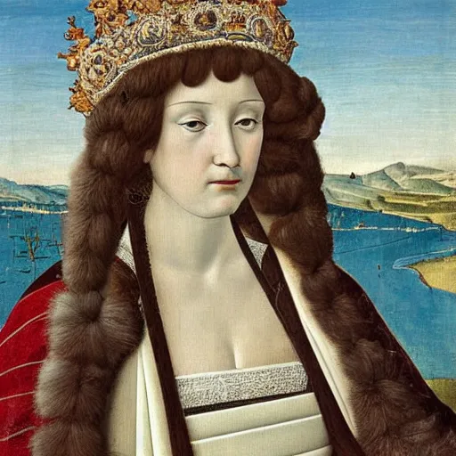 Image similar to portrait of a white with white fur as an italian queen, painting by botticelli, 1 4 8 0 s