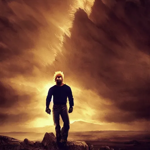 Image similar to chuck norris going super saiyan, dramatic lighting, cinematic, establishing shot, extremly high detail, photorealistic, cinematic lighting, storm, post processed, concept art, artstation, matte painting, style by greg rutkowsky