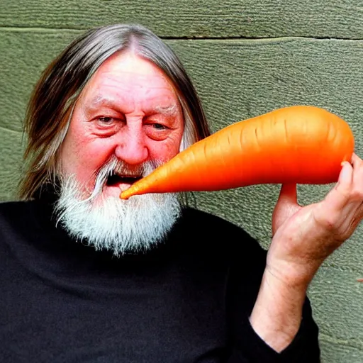 Image similar to robert wyatt chewing on a comically large carrot, photograph, highly detailed