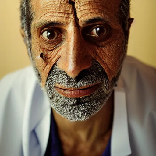Image similar to portrait of a middle - aged middle - eastern doctor. his skin is dessicated and mummified. his eyes are keen. portrait photography by annie liebovitz.