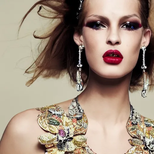 Image similar to close up of face of fashion model with luxury dress, official dolce and gabbana editorial, highly detailed