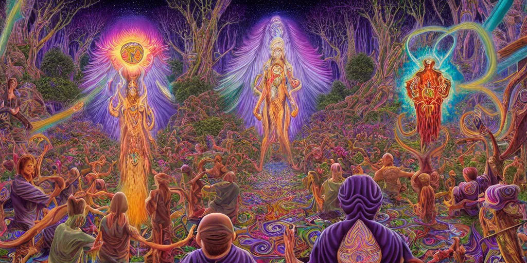 Prompt: hyper detailed portrait of a dmt spirit guide greeting a lost psychonaught, friendly dmt time elves, cathedral background, masterpiece composition, 8 k resolution, ultra fine illustration, alex grey, todd schorr, casey weldon, tokio aoyama, highly detailed,