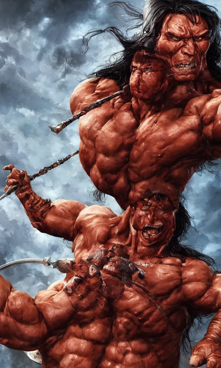 Prompt: hyper realistic digital painting of arnold swartzeneger as hyper muscular conan the digital slayer by simon bisley, dale keown and greg rutkowski, vivid color scheme, unreal engine 5