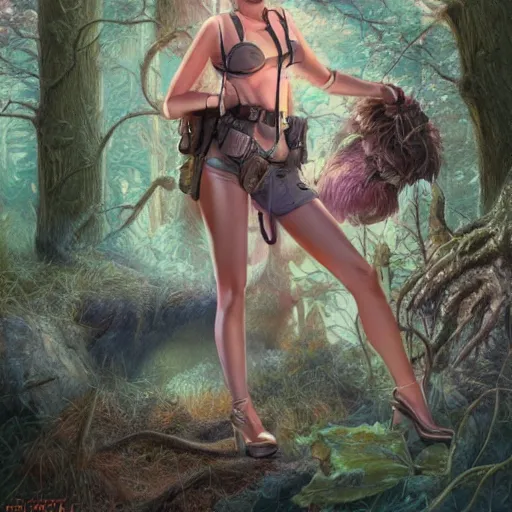 Prompt: miley cyrus as a detective, looking for clues, cute and adorable, pretty, aesthetic forest, portrait, matte fantasy painting, DeviantArt, Artstation, by donato giancola, ralph horley, loish, cinematic lighting