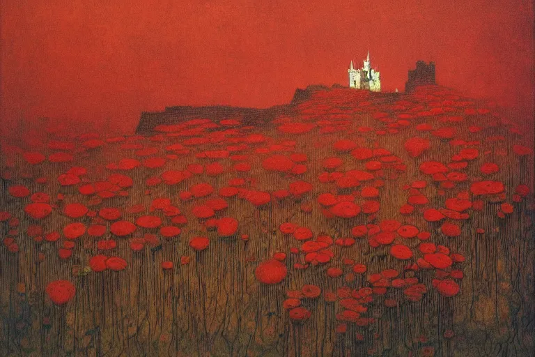 Image similar to only with red, red flowers of different types, a red tiger, a castle in the background, medieval demons dance over the flowers, an ancient path, in the style of beksinski, part by hopper, part by rodcenko, part by hofbauer, intricate composition, red by caravaggio, insanely quality, highly detailed, masterpiece, red light, artstation