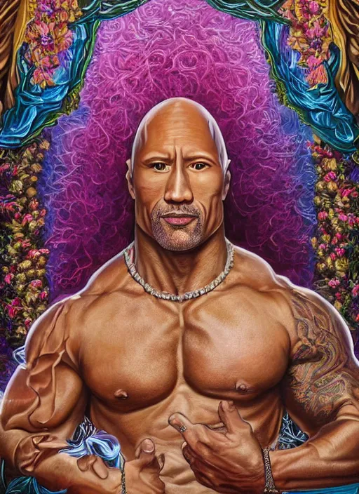 Prompt: beautiful oil painting, full length portrait of Dwayne the rock Johnson as Louis xiv in coronation robes 1701, Dan Mumford, Dan Mumford, Alex grey, Alex grey, highly detailed , lsd visuals, dmt fractal patterns, hallucinogen, visionary art, psychedelic art, ornate, vaporwave, baroque