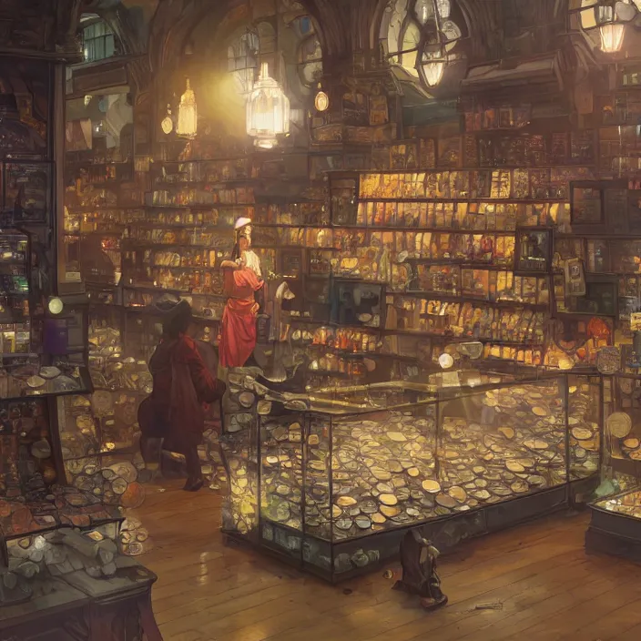 Image similar to modern coin shop with a lot of coins, 4 k, octane, digital painting, artstation, concept art, sharp focus, illustration, art by artgerm and greg rutkowski and alphonse mucha