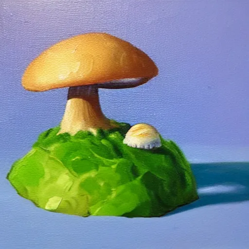 Prompt: a professional oil painting of a cute creature sitting next to a mushroom, detailed, realistic