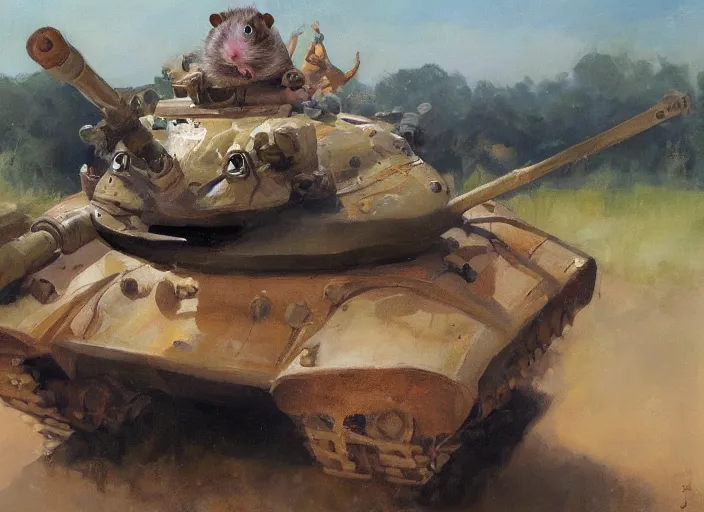 Image similar to a highly detailed beautiful portrait of an evil hamster on a tank, by gregory manchess, james gurney, james jean