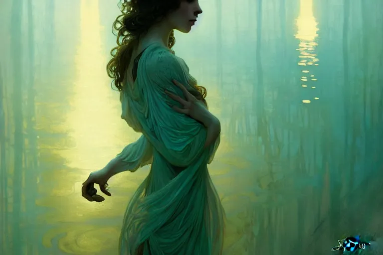 Image similar to pale teal becoming light itself, fantasy, intricate, elegant, dramatic lighting, emotionally evoking symbolic metaphor, highly detailed, lifelike, photorealistic, digital painting, artstation, concept art, smooth, sharp focus, illustration, art by Sparth and Albert Aublet and Krenz Cushart and Artem Demura and Alphonse Mucha