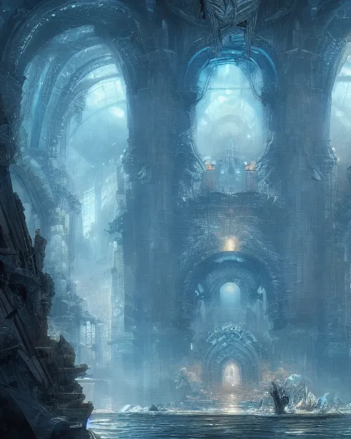 Image similar to Atlantis, palaces underwater, fantasy art, in the style of greg rutkowski, illustration, epic, fantasy, intricate, hyper detailed, artstation, concept art, smooth, sharp focus, ray tracing