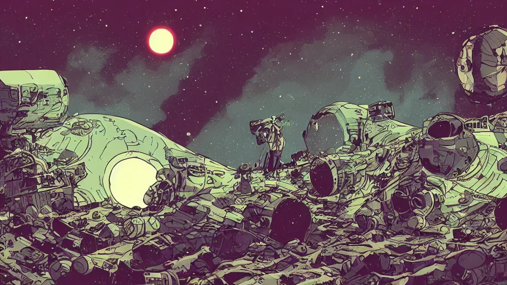 Image similar to very detailed, prophet graphic novel, ilya kuvshinov, mcbess, rutkowski, simon roy, illustration of a space junk floating in space around a dead planet, wide shot, colorful, deep shadows, astrophotography