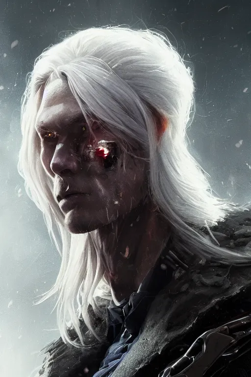 Image similar to a fancy portrait of a strong male cyborg with long white hair and pale skin with joints still visible by greg rutkowski, sung choi, mitchell mohrhauser, maciej kuciara, johnson ting, maxim verehin, peter konig, bloodborne, 8 k photorealistic, cinematic lighting, hd, high details, dramatic, dark atmosphere, trending on artstation