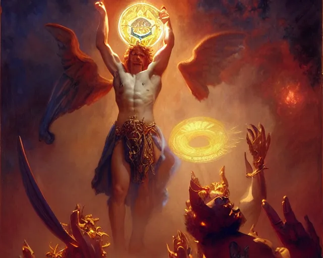 Image similar to attractive male deity, casting demonic magic, summoning handsome lucifer morning star. highly detailed painting by gaston bussiere, craig mullins, j. c. leyendecker 8 k