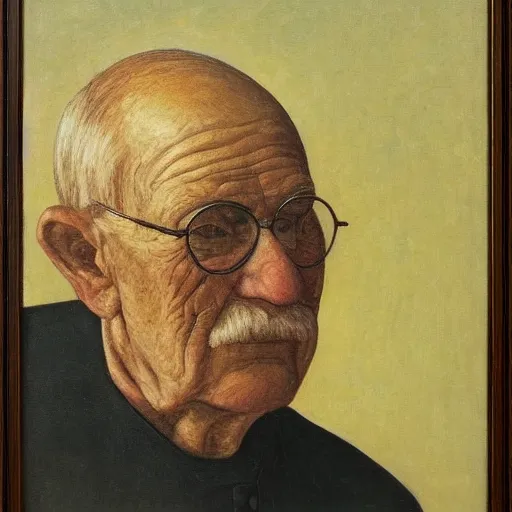 Image similar to portrait of old man by Grant Wood, on simple background, oil painting, middle close up composition