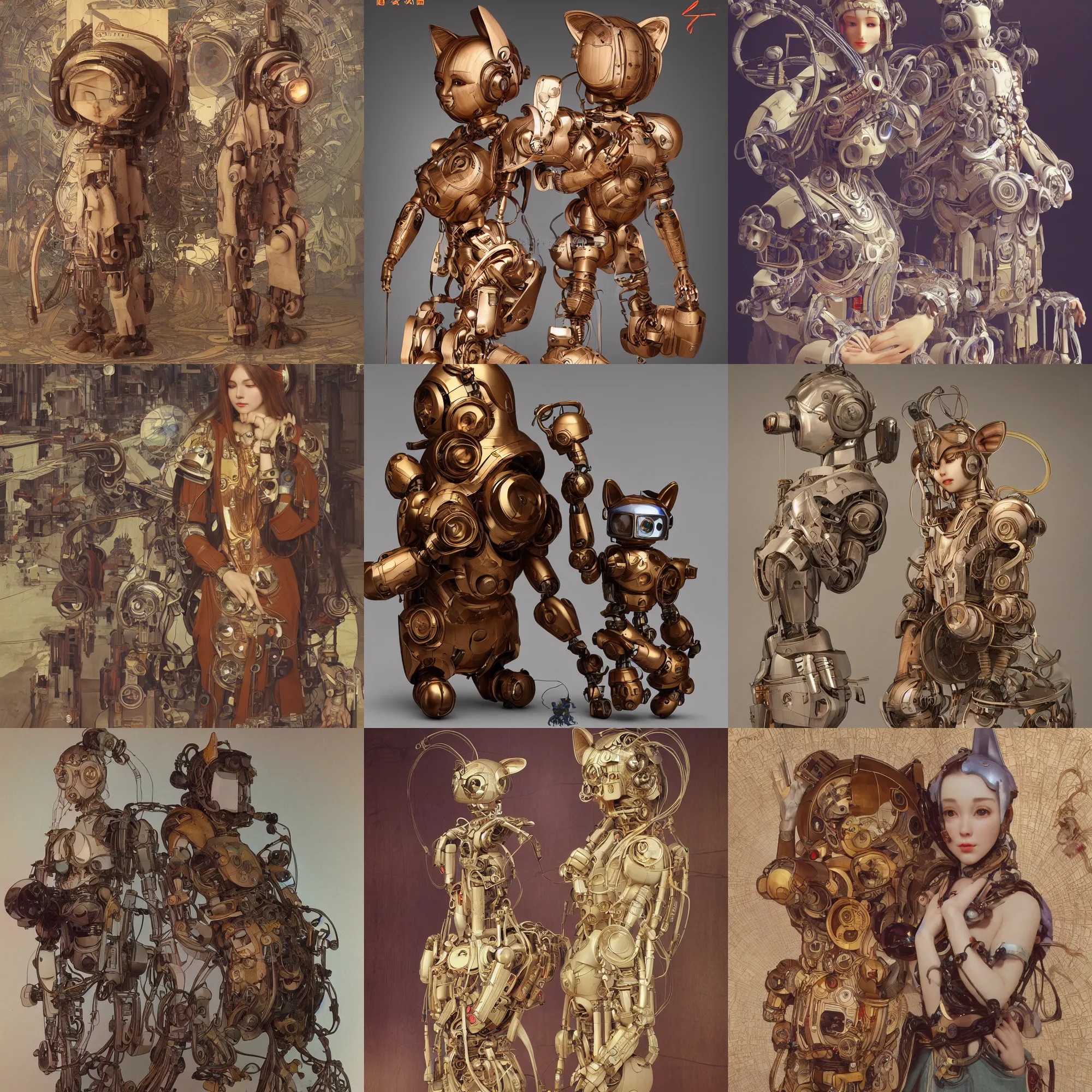 Prompt: 3D 8k octan render photorealistic detailed unreal engine a wooden sculpture art toys wooden on feet very cute robot with cat ears zen méditation cyberpunk concept art ,a contemporary art gallery art by Alphonse Mucha