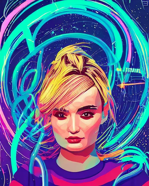 Image similar to a highly detailed and accurate pulp portrait of kim petras in space, 1 9 7 0 s, space station, neon light, delicate embellishments, woman art, painterly, offset printing technique