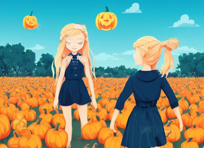 Image similar to little girl with long blonde hair visiting a pumpkin patch. she is facing away from the viewer. clean cel shaded vector art. shutterstock. behance hd by lois van baarle, artgerm, helen huang, by makoto shinkai and ilya kuvshinov, rossdraws, illustration, art by ilya kuvshinov