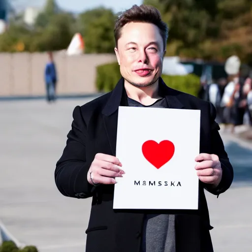 Image similar to Elon Musk holding a sign saying I Love You, highly detailed, high quality, HD, 4k, 8k, Canon 300mm, professional photographer, 40mp, lifelike, top-rated, award winning, realistic, sharp, no blur, edited, corrected, trending