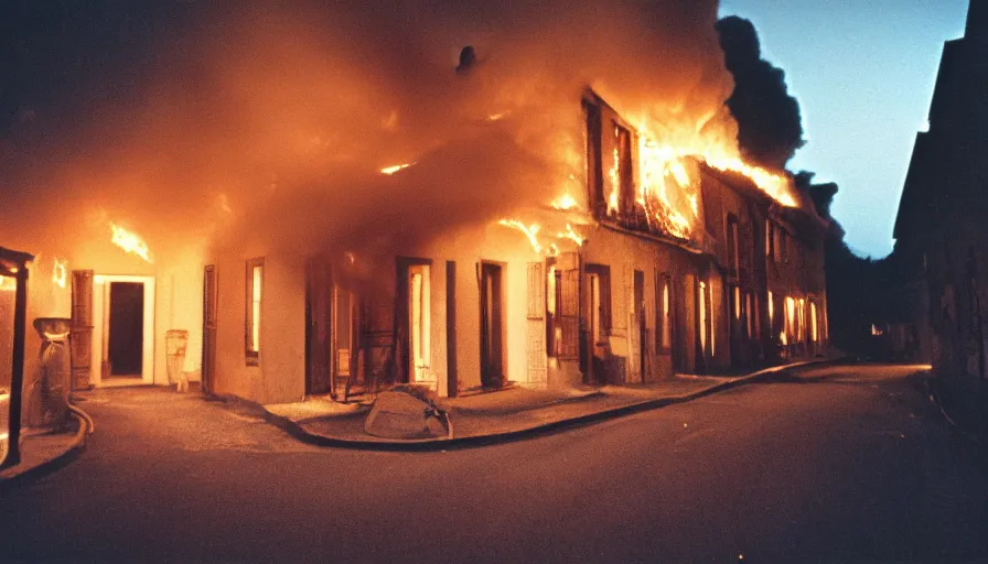 Prompt: 1 9 7 0 s movie still of a burning french style townhouse in a small french village by night, cinestill 8 0 0 t 3 5 mm, heavy grain, high quality, high detail, dramatic light, anamorphic, flares