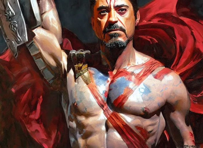 Prompt: a highly detailed beautiful portrait of robert downey jr as kratos, by gregory manchess, james gurney, james jean