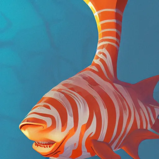 Prompt: orange and white striped traffic cone shark tooth, underwater background detailed atmospheric - ron cheng & alphonse mucha, highly detailed, digital painting, ray tracing, concept art, illustration, smooth sharp focus, intricate, symmetry, artstation,