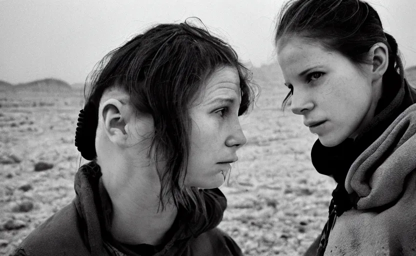 Image similar to cinestill 5 0 d photographic portrait by helen levitt of a white and mixed female android adult couple wearing rugged black techwear on a desolate plain of america, extreme closeup, modern cyberpunk, dust storm, 8 k, hd, high resolution, 3 5 mm, f / 3 2, ultra realistic faces, intricate detail, ex machina