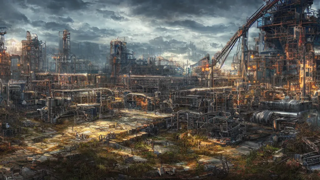 Image similar to industrial site, fantasy artwork, very very very beautiful scenery, hd, hdr, ue5, ue6, unreal engine 5, cinematic 4k wallpaper, 8k, ultra detailed, high resolution, artstation, award winning