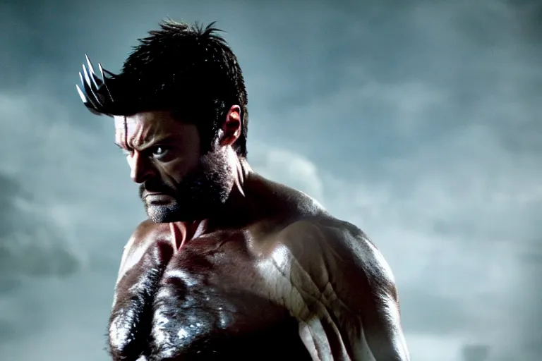 Prompt: film still frame of karl urban as wolverine, beard, wolverine's face, wolverine's claws, adamantium, high quality