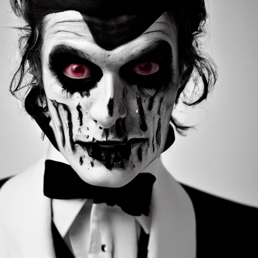 Prompt: a beautiful fashion portrait photograph of a friendly good looking zombie in a tuxedo, studio harcourt, black and white, fashion photography, paolo roversi, richard avedon, chiaroscuro, trending on artstation,