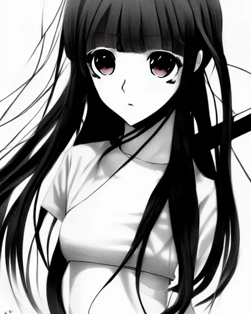 Prompt: portrait of cute anime girl, illustration concept art, anime, manga, pencil sketch, black and white trending pixiv fanbox, art by ilya kuvshinov