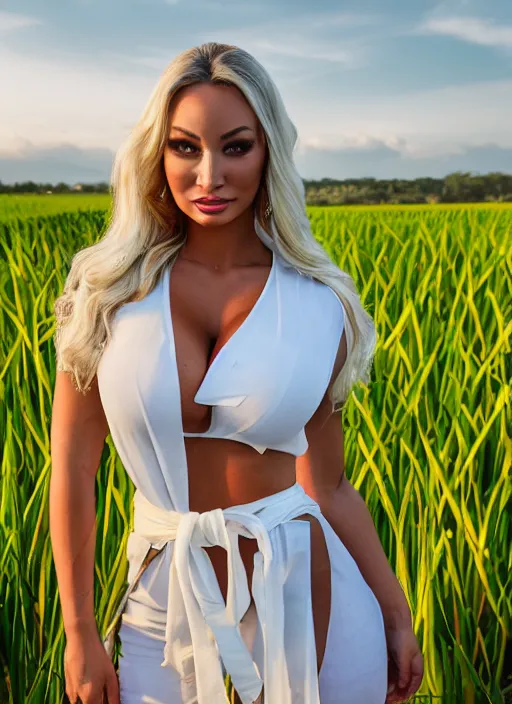 Prompt: portrait of lindsey pelas wearing white kebaya and yellow silk belt in a paddy field, by charlotte grimm, natural light, detailed face, beautiful features, symmetrical, canon eos c 3 0 0, ƒ 1. 8, 3 5 mm, 8 k, medium - format print, half body shot