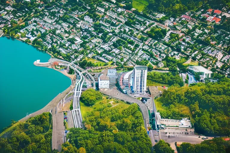 Image similar to bird's eye view photography of a small city. town hall, central farm, monorail station, beach and shipping dock. hills, woods and lake to the north.