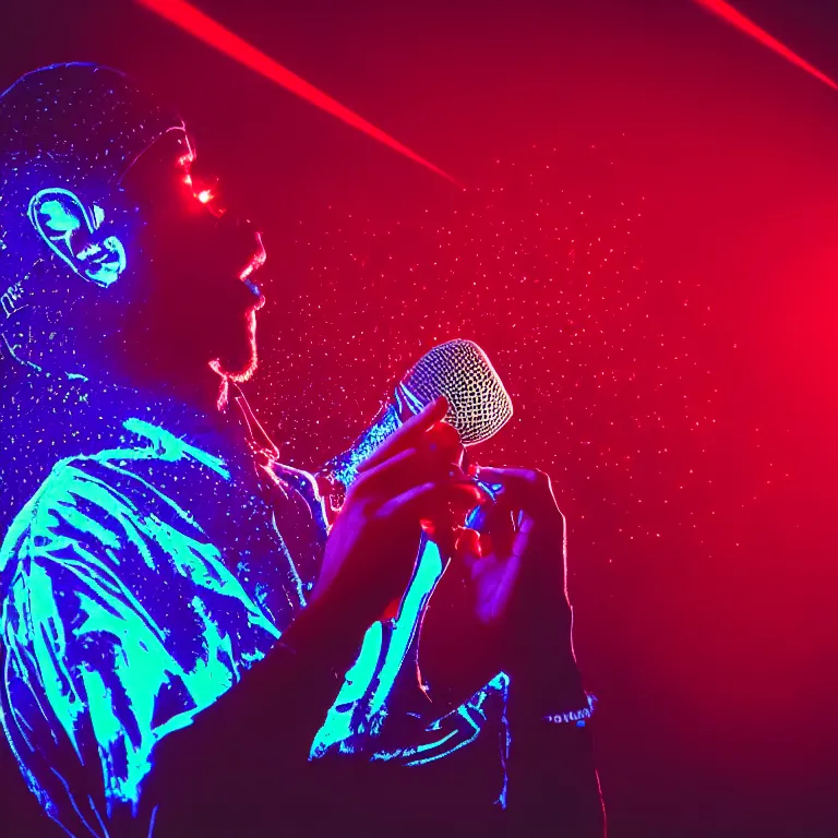 Image similar to rapper using microphone, epic angle, profile view, silhouetted, distinct, psychedelic hip-hop, laser light show, beams of light