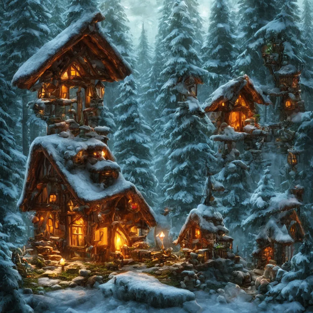 Image similar to elf magical forest cabin with a chimney fantasy, trending on artstation, octane