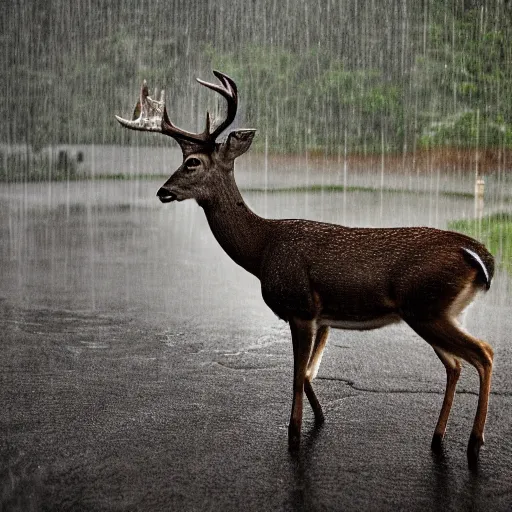 Prompt: 4 k hdr wide angle detailed portrait of a deer soaking wet standing in the rain showers during a storm with thunder clouds overhead and moody stormy lighting sony a 7