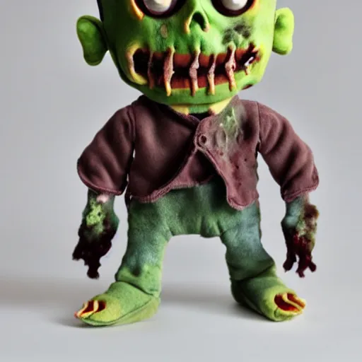 Image similar to a zombie plush. beautifully made, detailed, cute, soft. high quality, studio lighting, product image